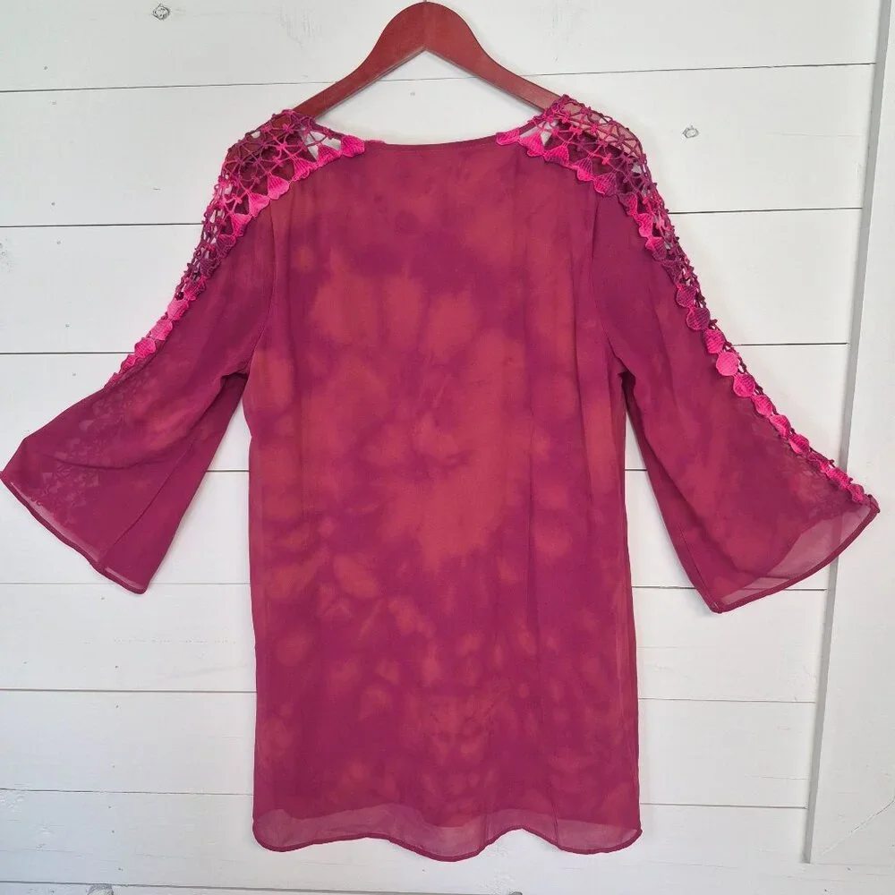 Umgee USA Womens Pink Tie-Dye Drrss W/ Crochet Sleeve Detail Bell Sleeves & Fron - Picture 7 of 8